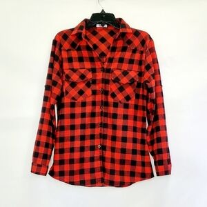 Zeagoo Black & Red Plaid Collared Button Up Long Cuffed Sleeve Top